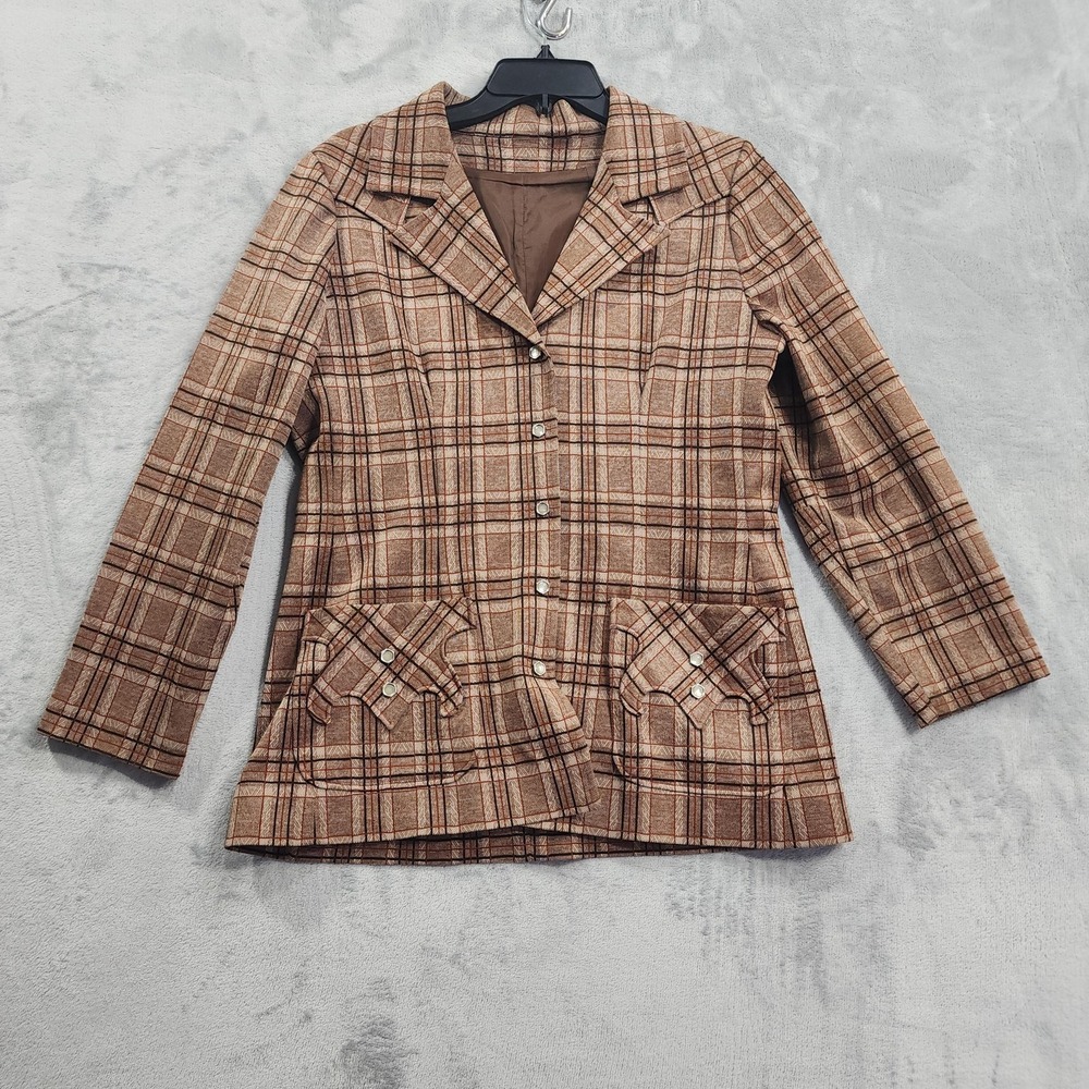 Vintage Blazer Womens M Brown Plaid Western Pearl Snap Lined Jacket Tweed Preppy